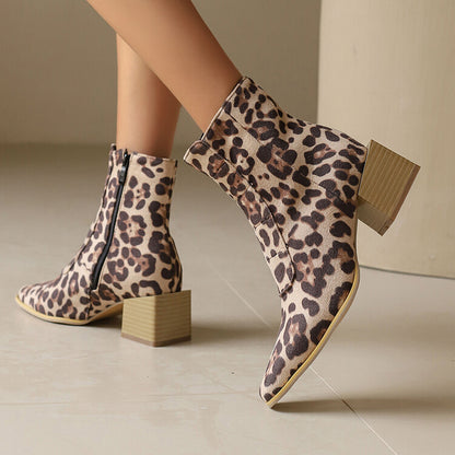 Women's Snake Pattern Pointed Toe Square Heel Short Boots