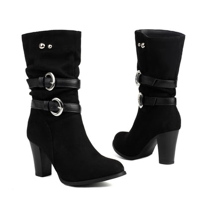 Women's Leopord Pattern Buckle Strap Round Toe Block Heel Mid Calf Boots