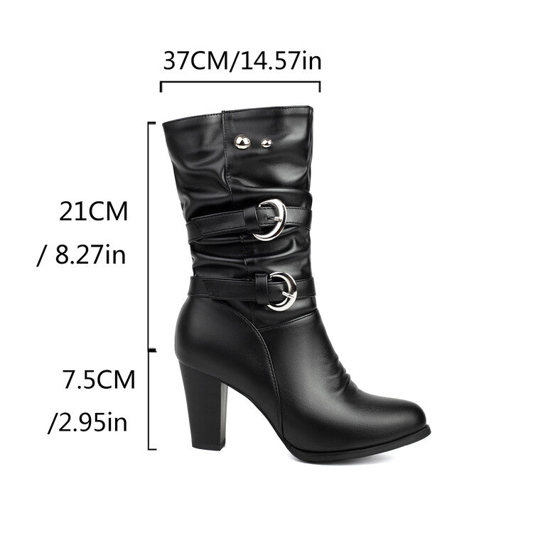 Women's Leopord Pattern Buckle Strap Round Toe Block Heel Mid Calf Boots