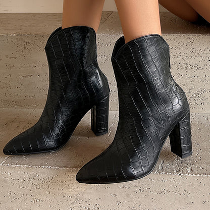 Women's Snake Pattern Pointed Toe Block Heel Western Short Boots