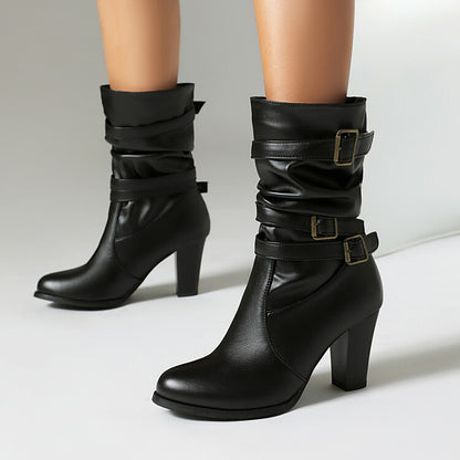 Women's Pleated Buckle Strap Round Toe Block Heel Mid Calf Boots