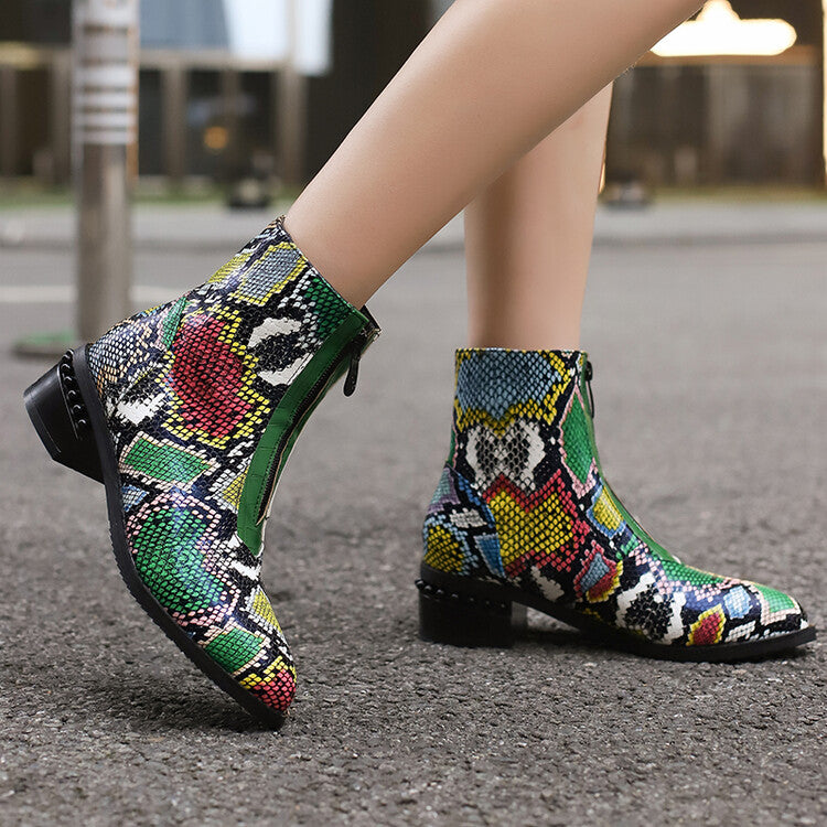 Women's Snake Print Pointed Toe Square Heel Ankle Boots