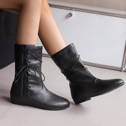 Women'S Lace-Up Round Toe Flat Mid Calf Boots