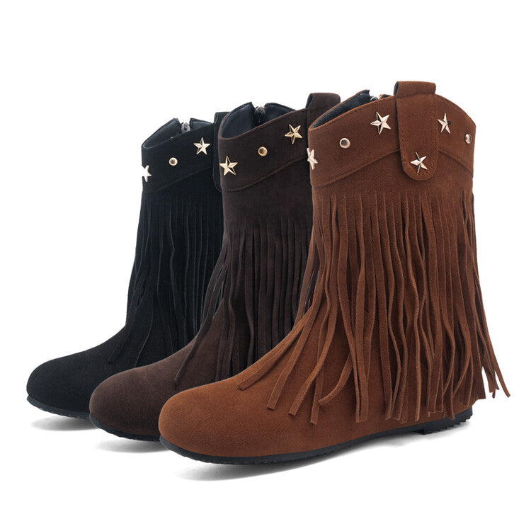 Women's Tassel Round Toe Increased Internal Mid Calf Boots