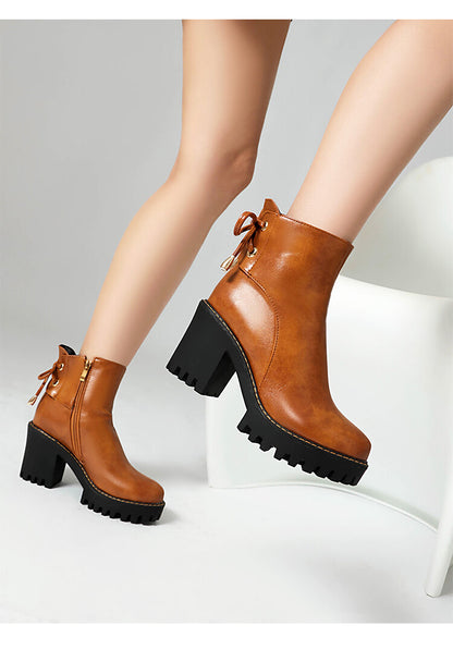 Women's Round Toe Lace-up Platform High Heel Ankle Boots