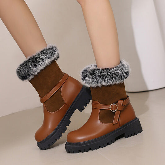 Women's Buckle Strap Round Toe Flat Short Boots