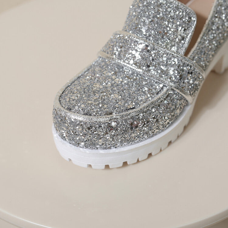 Women's Sequined Square Toe Block Heel Platform Loafers Shoes