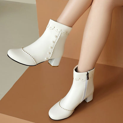 Women's Ruffles Pearls Round Toe Block Heel Mid Calf Boots