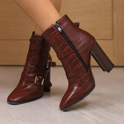 Women's Snake Pattern Buckle Strap Pointed Toe Square Heel Short Boots