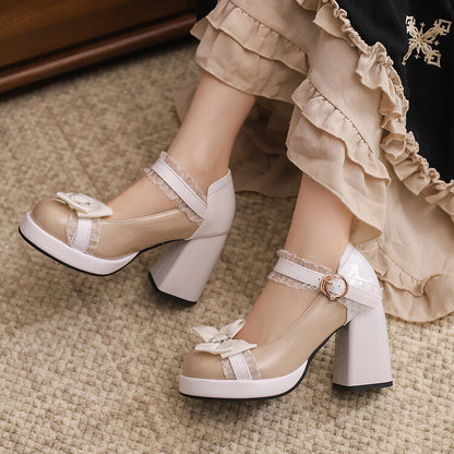 Women's Square Toe Lolita Lace High Heel Platform Pumps