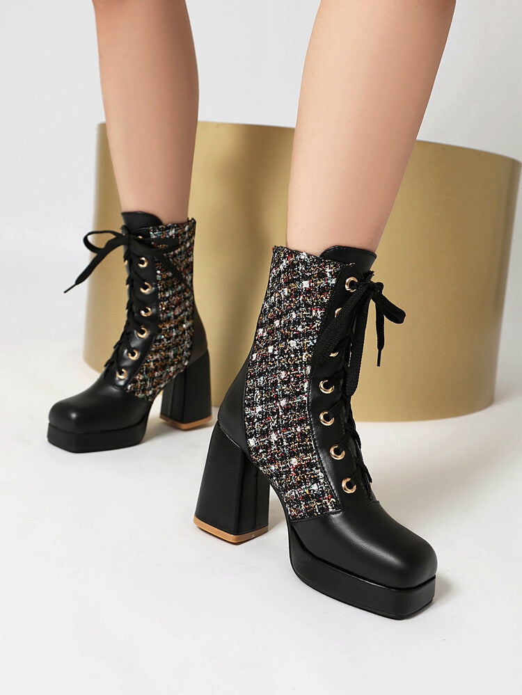 Women's Square Toe Lace-up Platform High Heel Ankle Boots