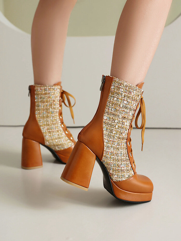 Women's Square Toe Lace-up Platform High Heel Ankle Boots