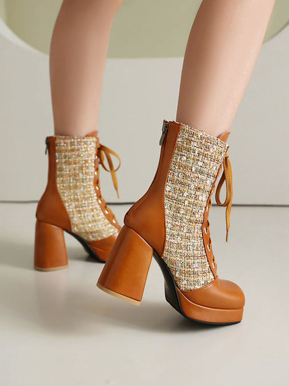 Women's Square Toe Lace-up Platform High Heel Ankle Boots