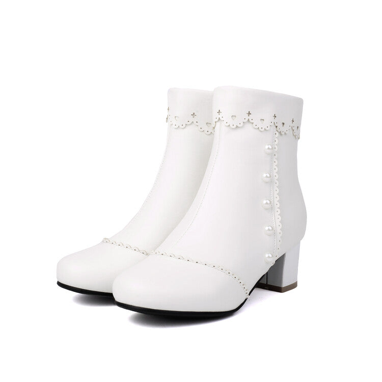 Women's Ruffles Pearls Round Toe Block Heel Mid Calf Boots