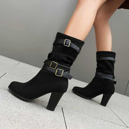 Women's Pleated Buckle Strap Round Toe Block Heel Mid Calf Boots