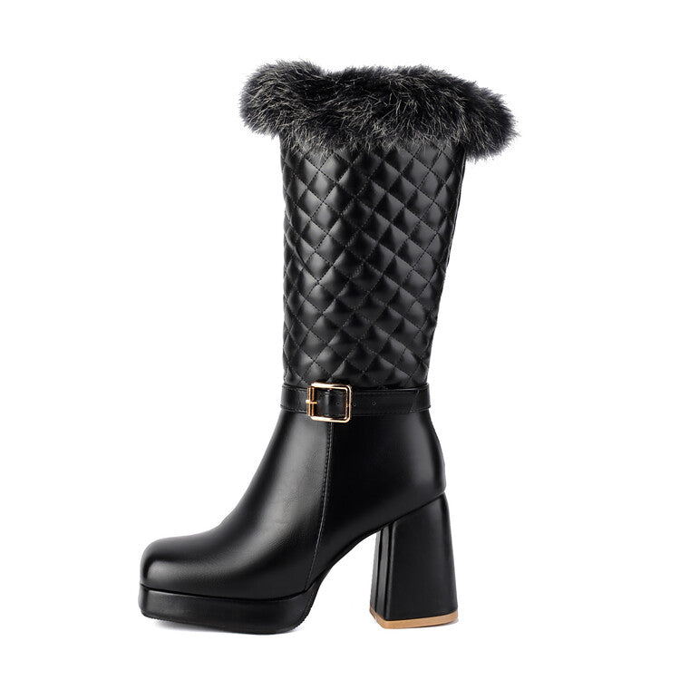 Women's Square Toe Platform High Heel Fur Mid-Calf Boots