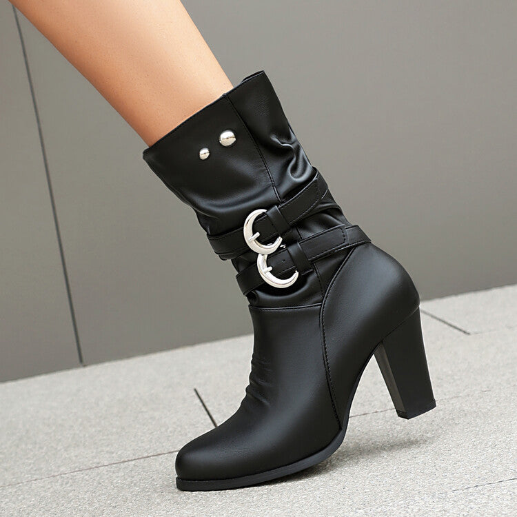 Women's Leopord Pattern Buckle Strap Round Toe Block Heel Mid Calf Boots