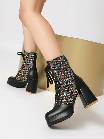 Women's Square Toe Lace-up Platform High Heel Ankle Boots