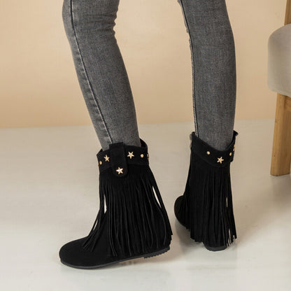 Women's Tassel Round Toe Increased Internal Mid Calf Boots