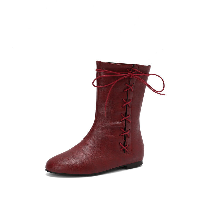 Women'S Lace-Up Round Toe Flat Mid Calf Boots