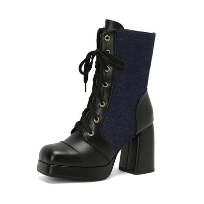 Women's Square Toe Lace-up High Heel Mid-Calf Boots