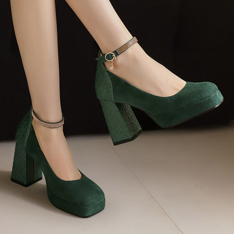 Women's Ankle Strap Square Toe High Heel Platform Pumps