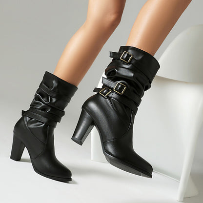 Women's Pleated Buckle Strap Round Toe Block Heel Mid Calf Boots