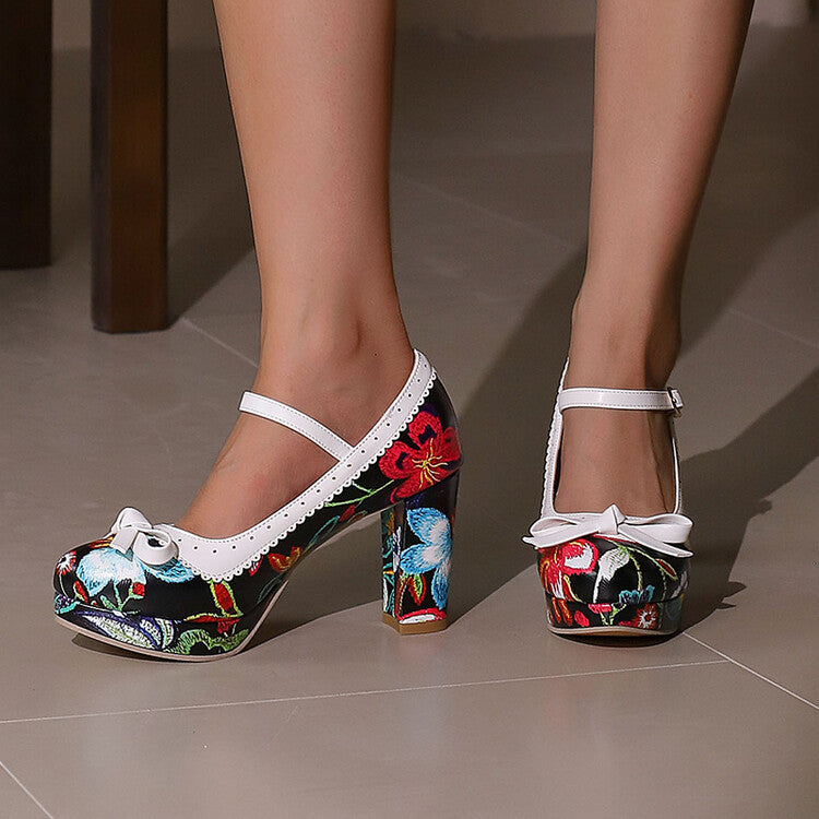 Women's High Heel Printed Bow Platform Pumps Mary Jane Shoes