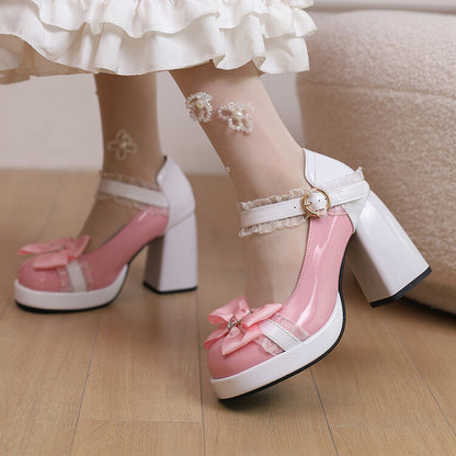 Women's Square Toe Lolita Lace High Heel Platform Pumps