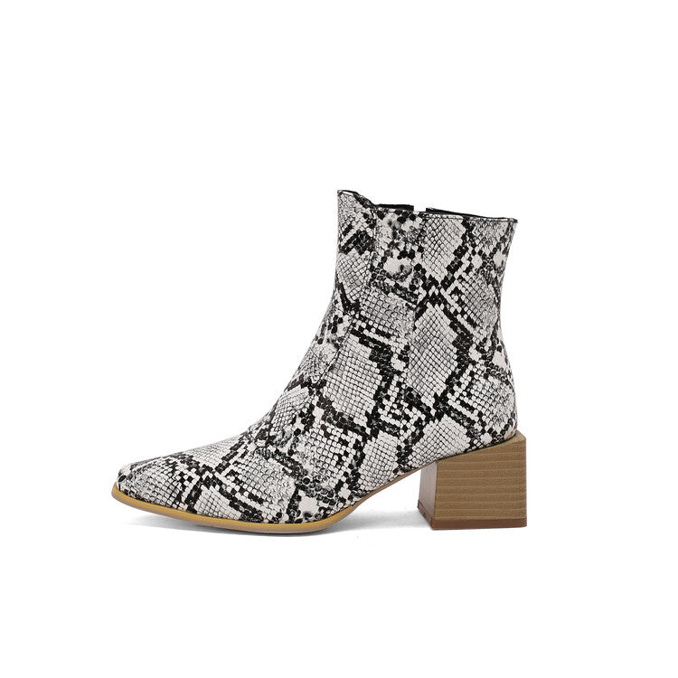 Women's Snake Pattern Pointed Toe Square Heel Short Boots