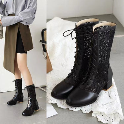 Women's Round Toe Lace-up Hollow Out Mid-Calf Boots