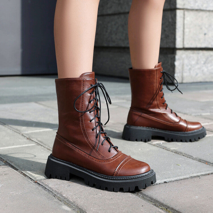 Women's Lace-Up Round Toe Flat Platform Short Boots