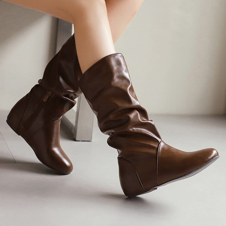 Women's Pleated Round Toe Increased Internal Mid-Calf Boots