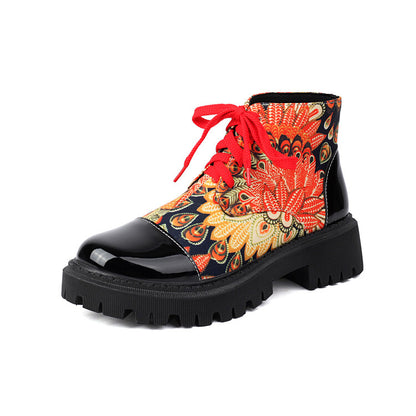 Women's Flowers Printed Lace-Up Round Toe Flat Platform Ankle Boots