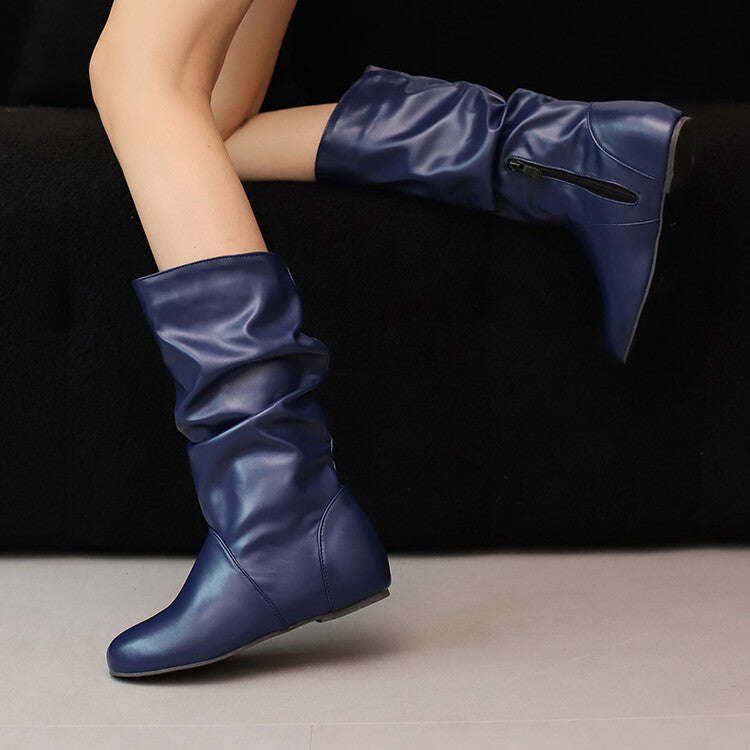 Women's Pleated Round Toe Increased Internal Mid-Calf Boots