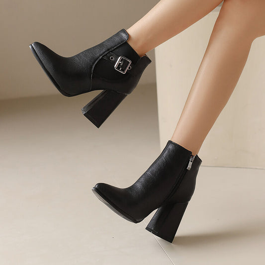 Women's Buckle Strap Pointed Toe Block Heel Ankle Boots