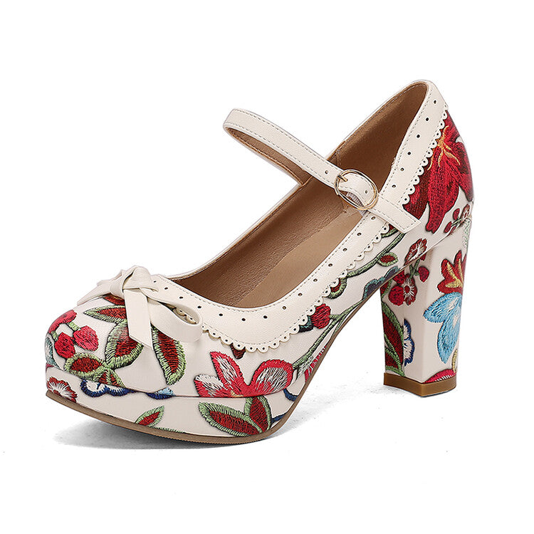 Women's High Heel Printed Bow Platform Pumps Mary Jane Shoes