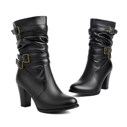 Women's Pleated Buckle Strap Round Toe Block Heel Mid Calf Boots