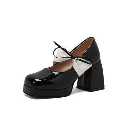 Women's Glossy Bows Square Toe Block Heel Mary Janes Platform Pumps