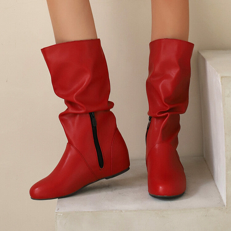 Women's Pleated Round Toe Increased Internal Mid-Calf Boots