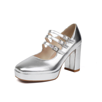 Women's Metal Glossy Square Toe Platform Pumps Square Heel Mary Janes