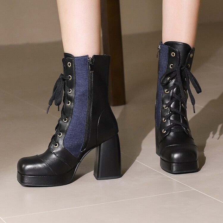 Women's Square Toe Lace-up High Heel Mid-Calf Boots