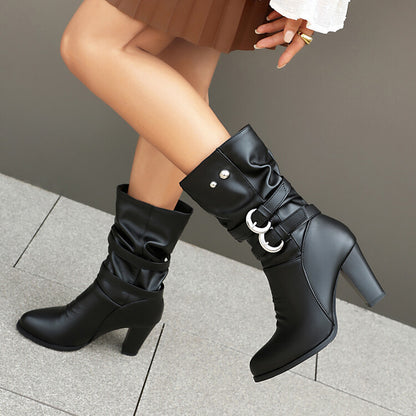 Women's Leopord Pattern Buckle Strap Round Toe Block Heel Mid Calf Boots