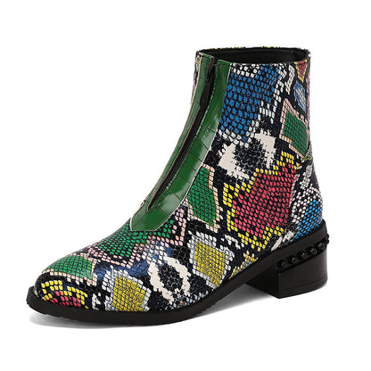 Women's Snake Print Pointed Toe Square Heel Ankle Boots