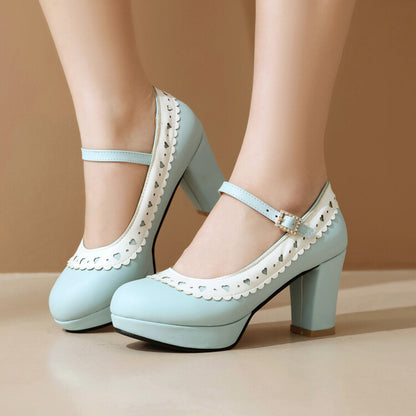 Women's Round Toe Mary Jane High Heel Platform Pumps