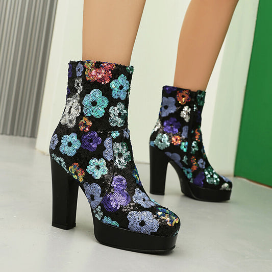 Women's Flowers Sequins Square Toe Square Heel Platform Ankle Boots