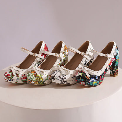 Women's High Heel Printed Bow Platform Pumps Mary Jane Shoes