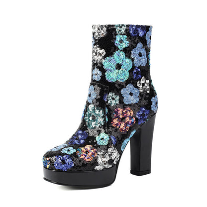 Women's Flowers Sequins Square Toe Square Heel Platform Ankle Boots