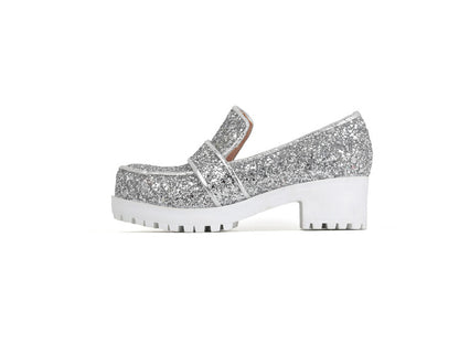 Women's Sequined Square Toe Block Heel Platform Loafers Shoes