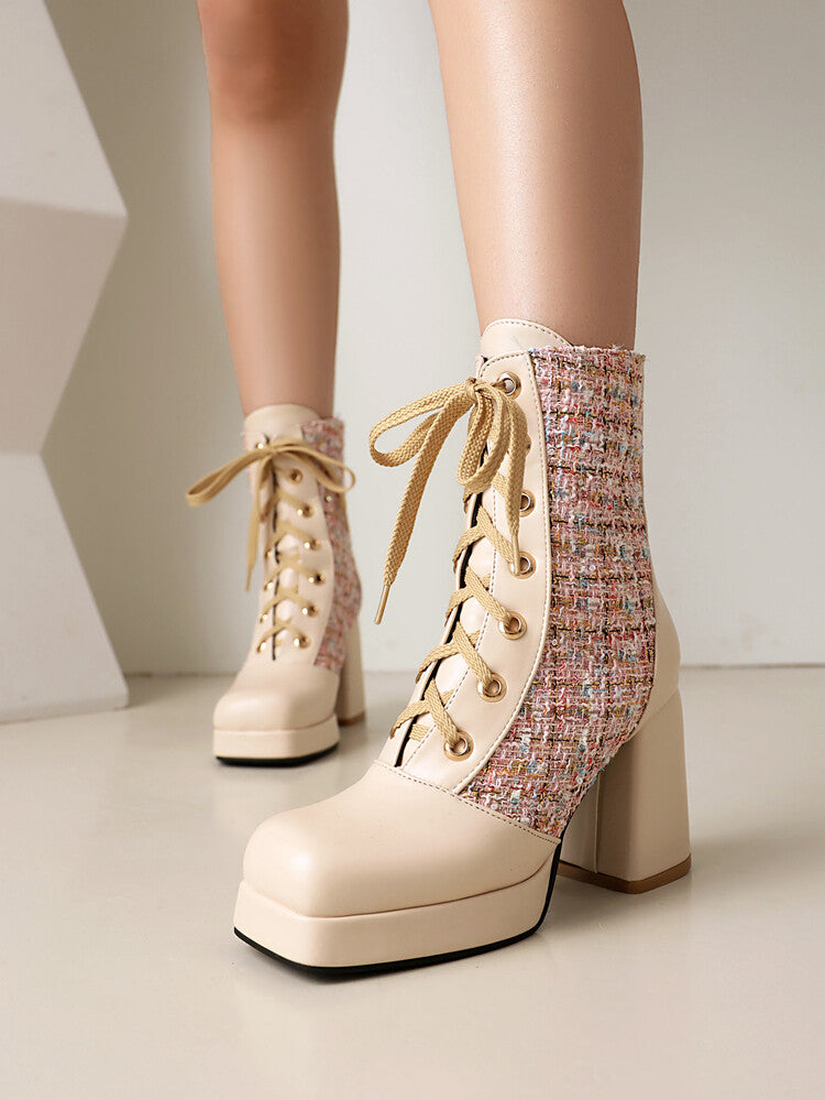 Women's Square Toe Lace-up Platform High Heel Ankle Boots